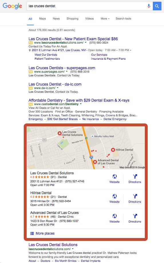 Google Local Pack for dentists