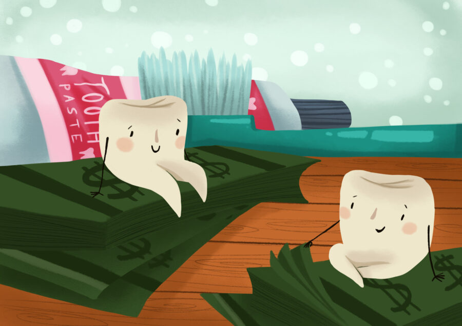 image of teeth sitting on money next to toothbrush and toothpaste, dental membership plan